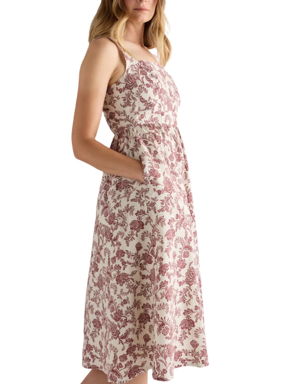 Quince Linen Fit Flare Midi Dress Cream Red Floral Quiet Luxury Feminine Prairie